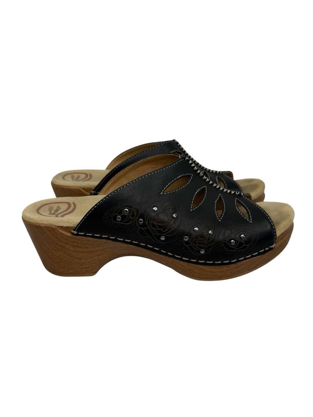 DANSKO Sheri Wedge Sandals Black Brown Tooled Roses Studs Women’s Sz EU40/US 9.5